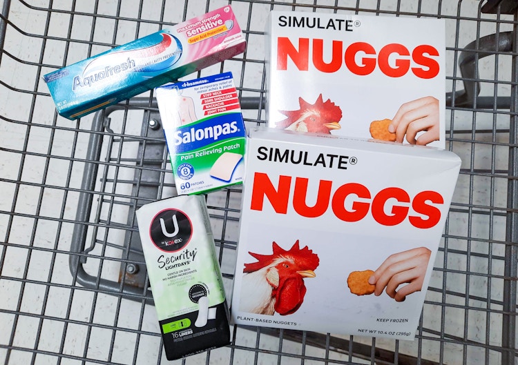 Simulate Nuggs, Salonpas Patches, Aquafresh Toothpaste, and U by Kotex Liners in Walmart shopping cart