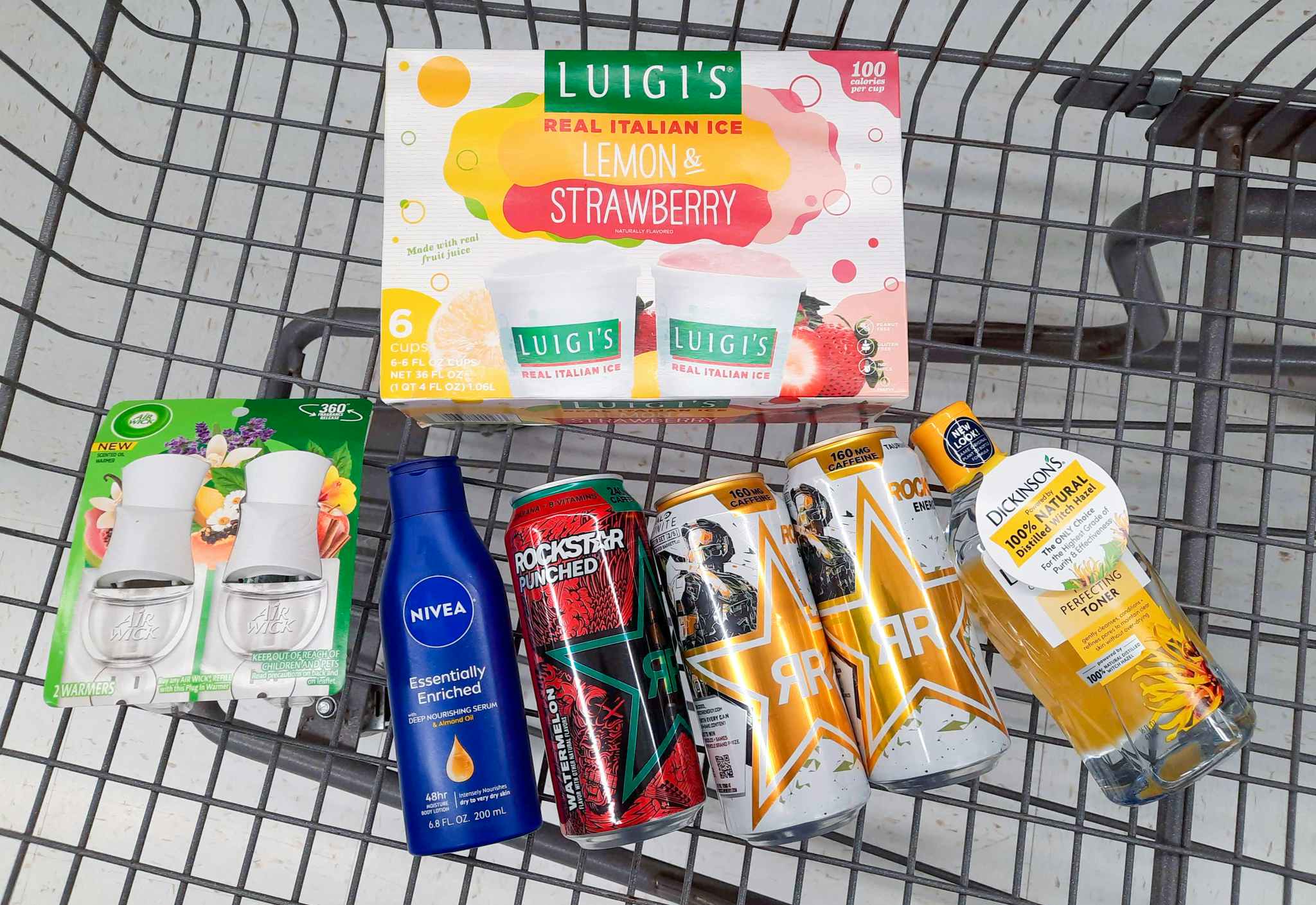 Nivea, Rockstar, Dickinson's, Luigi's, and Air Wick products in Walmart shopping cart