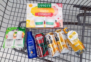Nivea, Rockstar, Dickinson's, Luigi's, and Air Wick products in Walmart shopping cart