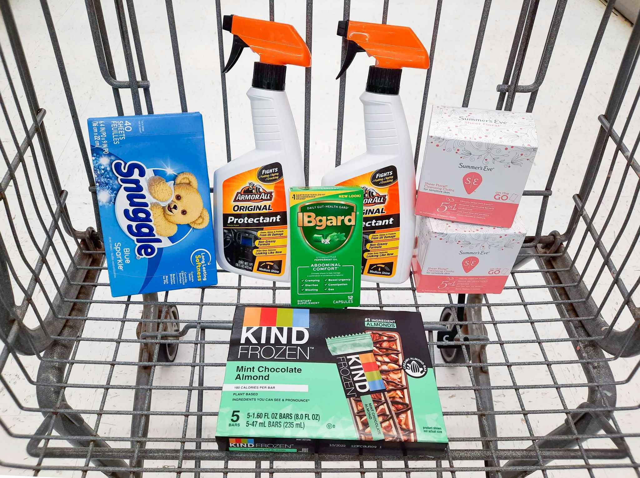 Armor All, Summer's Eve, Ibgurd, Snuggle, and Kind products in Walmart shopping cart