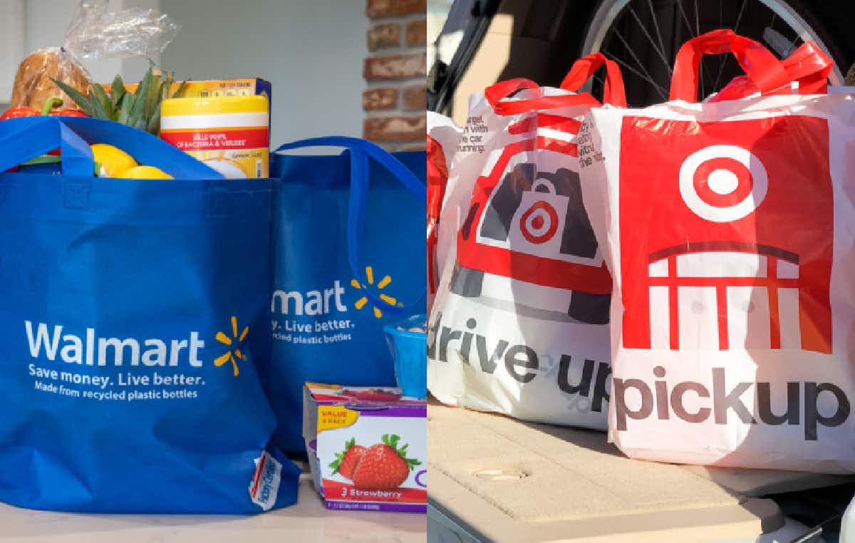 walmart groceries in a walmart bag versus Target groceries in Target bags side by side