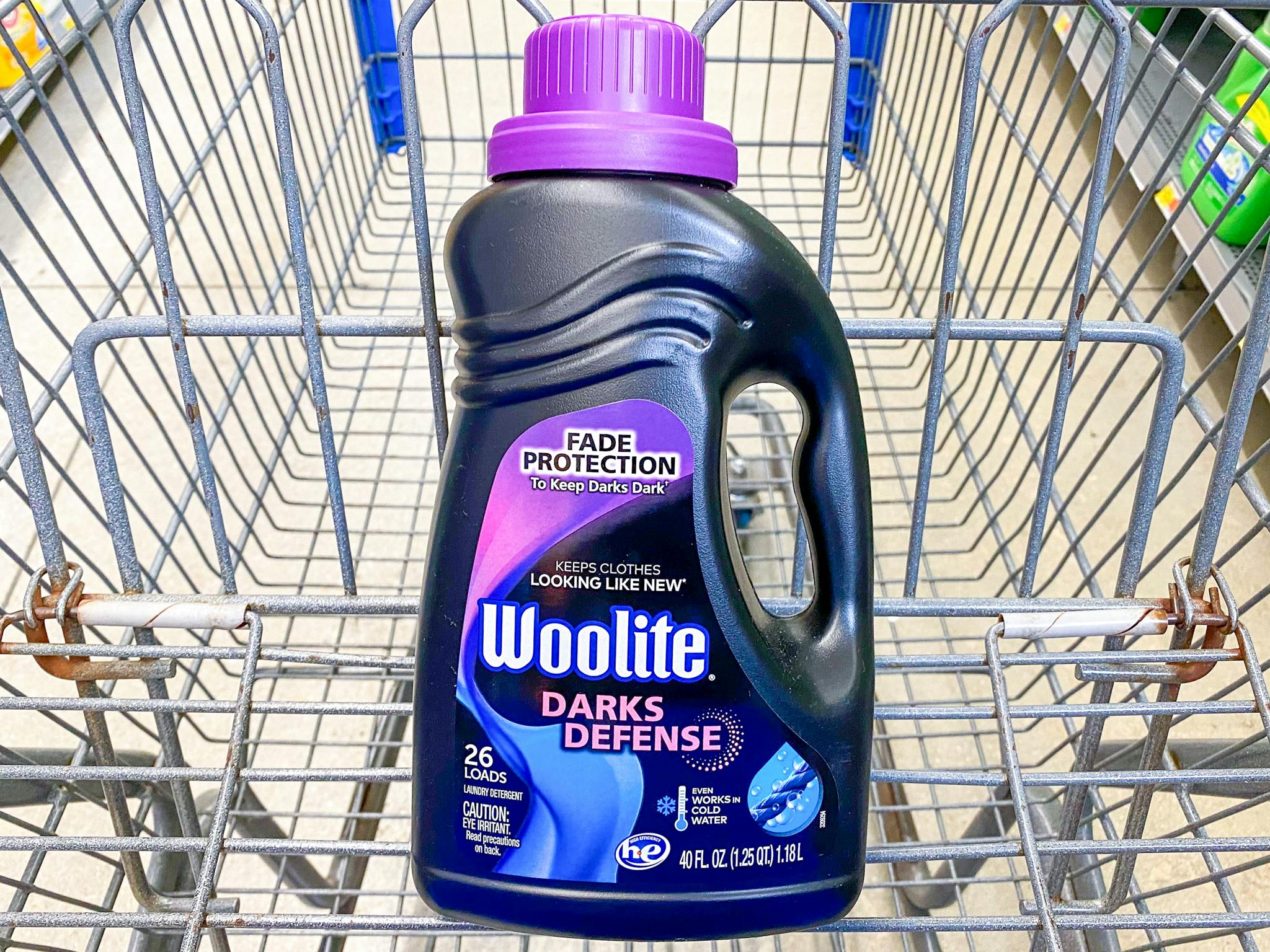 Wolite Darks Defense Liquid Laundry Detergent in Walmart shopping cart