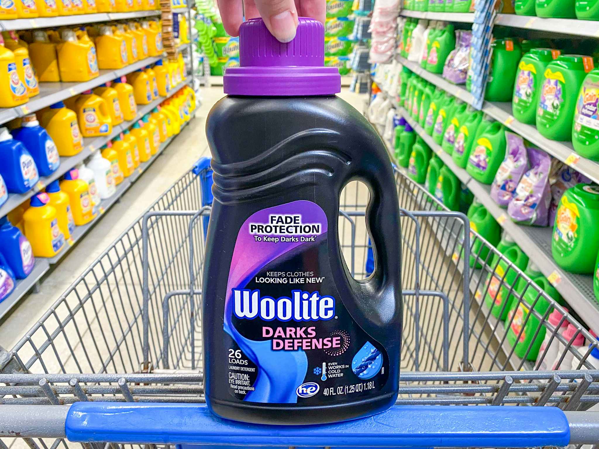 Wolite Darks Defense Liquid Laundry Detergent in Walmart shopping cart