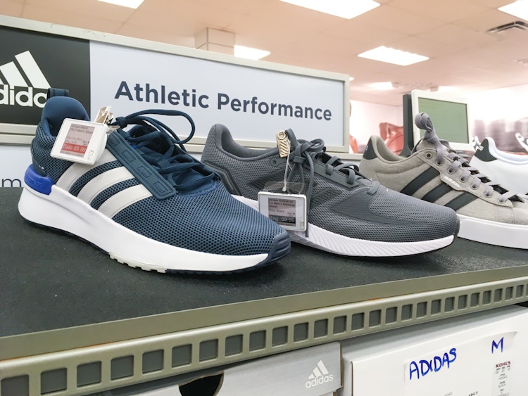Adidas sneakers on display in the shoe section of Kohl's