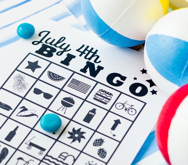 A black and white printable July 4th bingo card.
