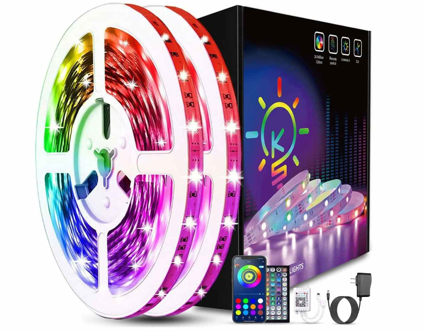Colorful light strips on a roll next to a black box