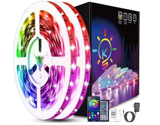 Colorful light strips on a roll next to a black box