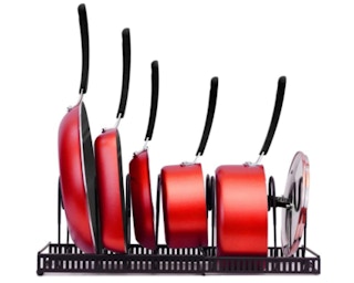 Black pot organizer with red pots and pans