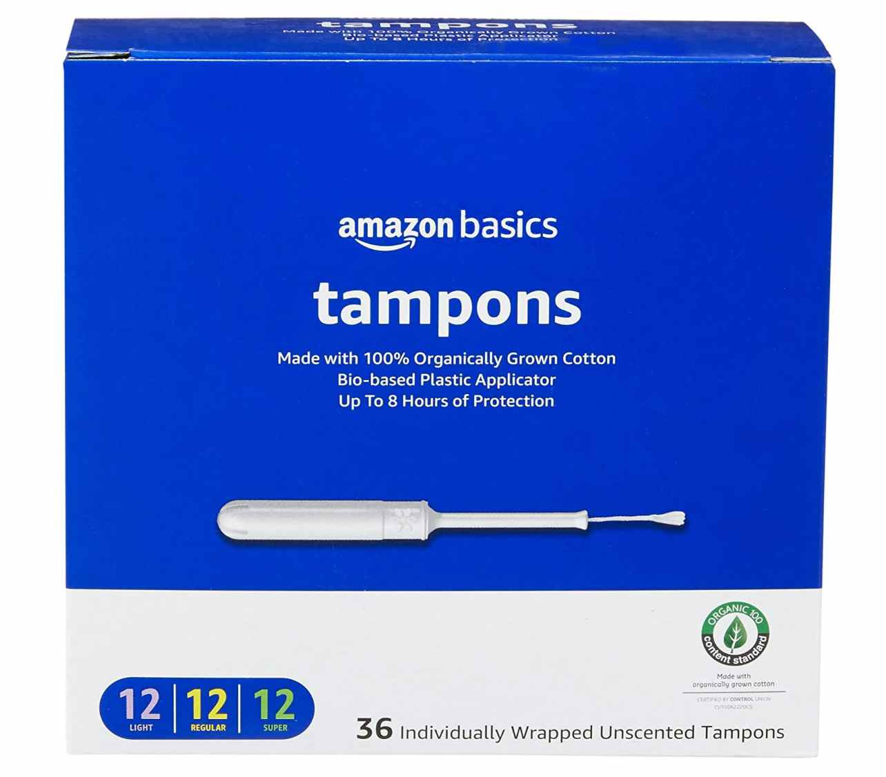 A blue and white box of 36-count tampons