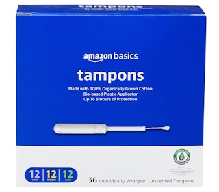A blue and white box of 36-count tampons