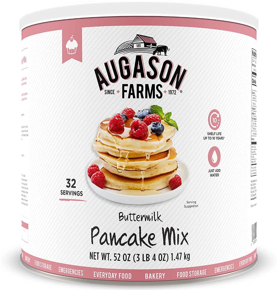 A three pound canister of Augason Farms Pancake Mix.