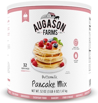 A three pound canister of Augason Farms Pancake Mix.