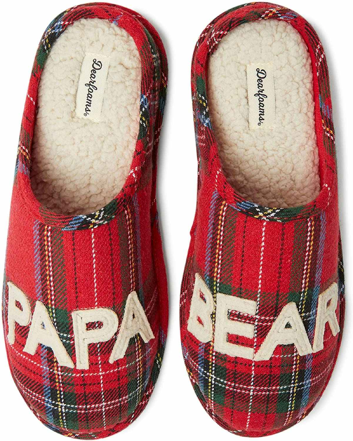 A pair of Dearfoams Papa Bear slippers.