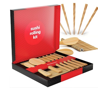 A sushi making kit in a red and black box