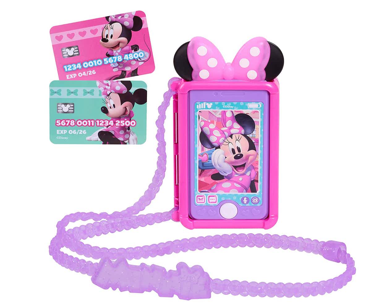 Minnie Mouse pink a purple cell phone toy set on a white background