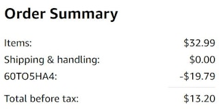 An Amazon order summary ending in $13.20.
