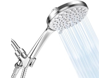 Silver shower head on a white background