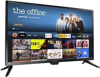 A Insignia TV with the cast members from the TV show the office.