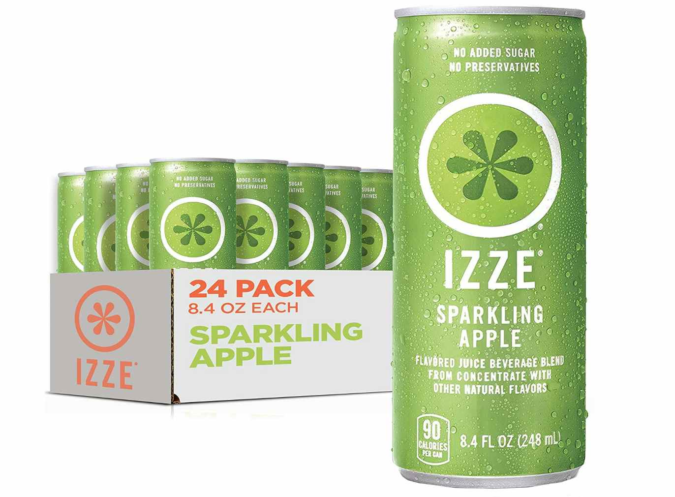 A green pack of apple sparkling juice with one can in front
