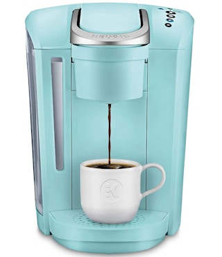 A light blue Keurig coffee maker