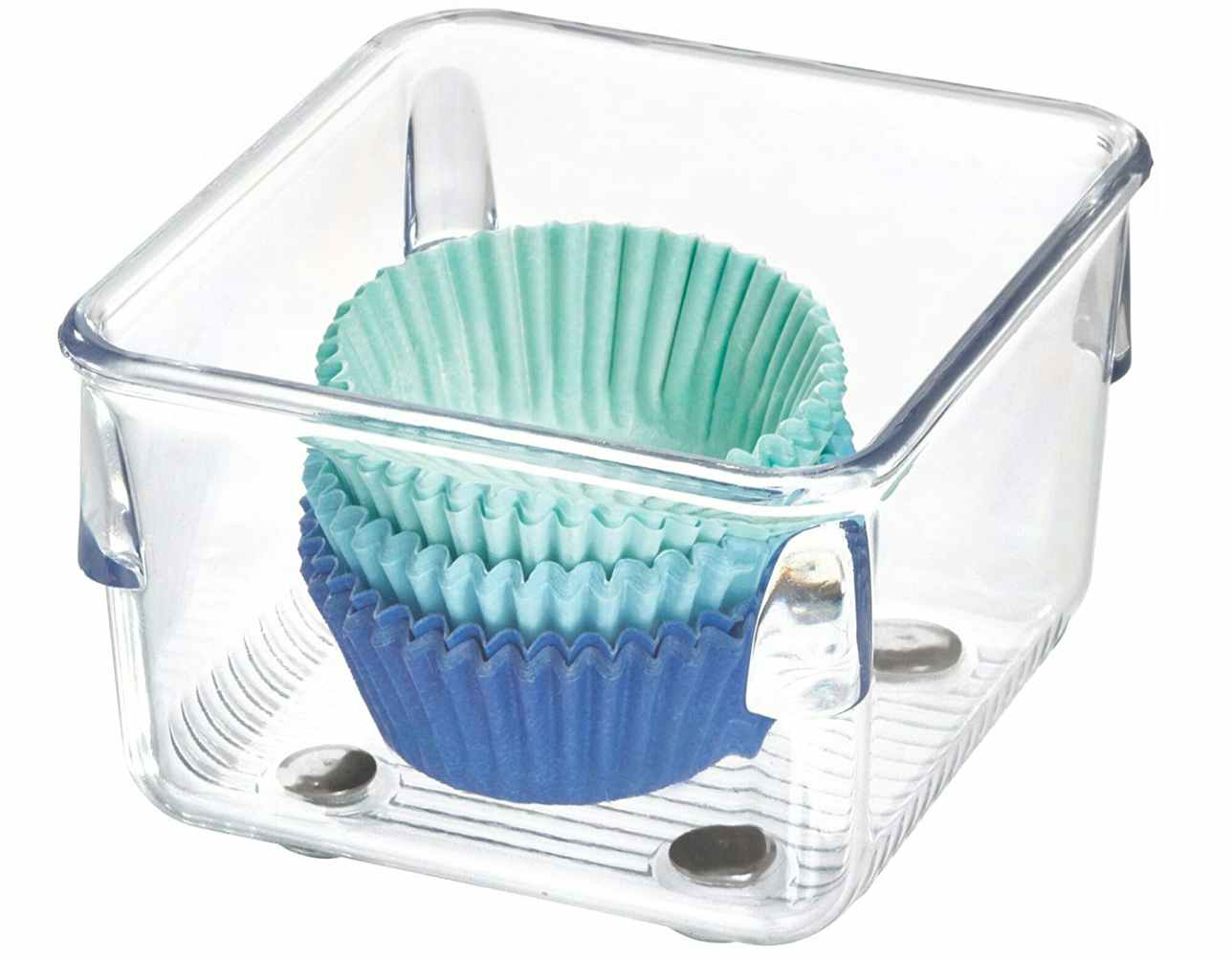 Clear organizer with blue cupcake holders 