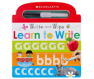 A Blue, green, white, and red alphabet tracing book on a white background