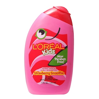 L'Oreal Kids pink shampoo bottle on white background