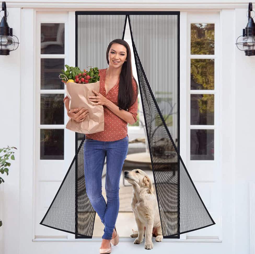 A women going through a screen door with groceries