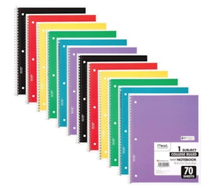 12 colorful spiral notebooks on a white background