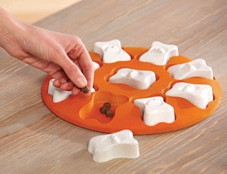 A persona putting treats in a dog puzzle