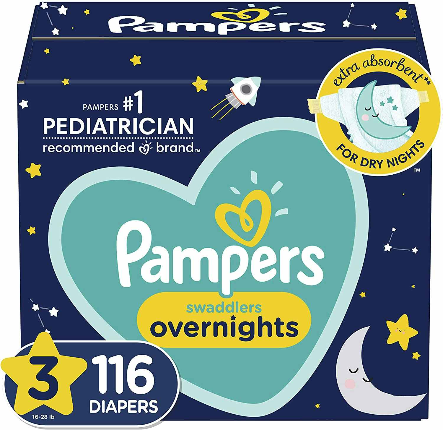 A box of Pampers Swaddlers Overnights diapers.