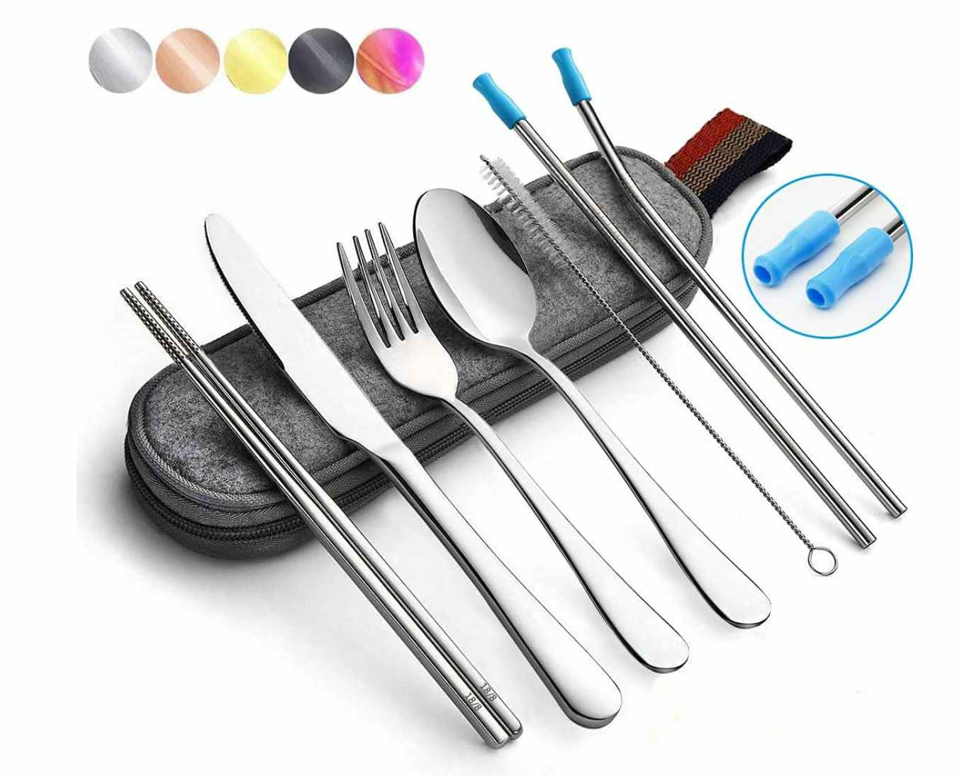 Silver utensils and grey case on a white background
