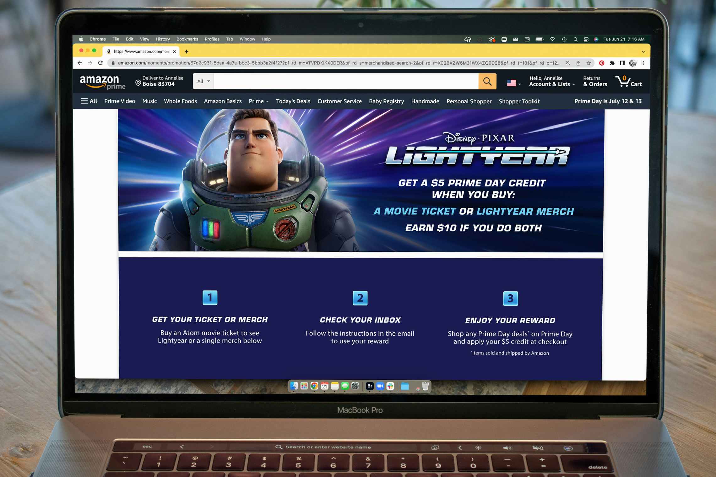 Amazon prime promo on a computer screen for Disney Pixar Lightyear.