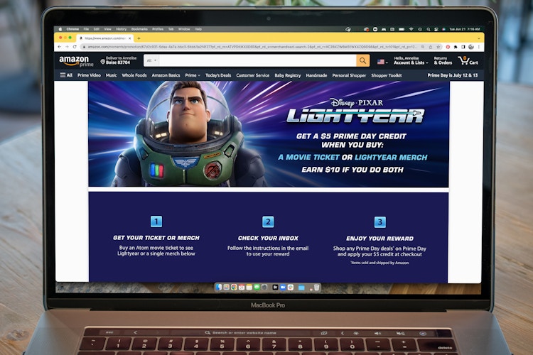 Amazon prime promo on a computer screen for Disney Pixar Lightyear.