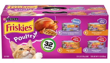 Purple cat food box on a white background