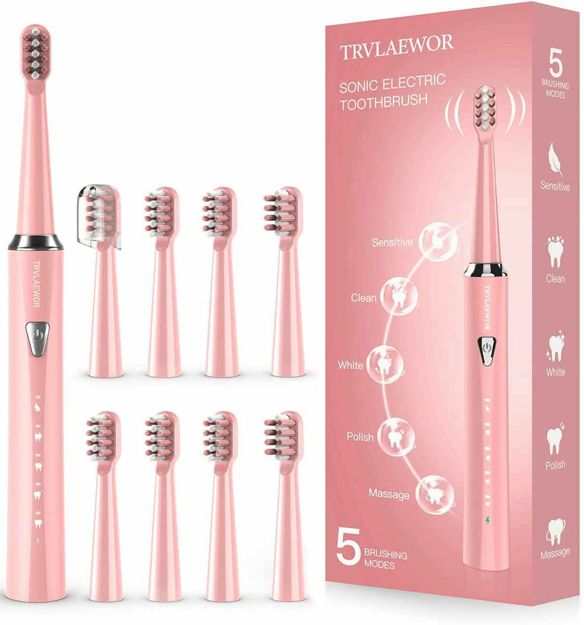 An electric toothbrush with eight brush heads.
