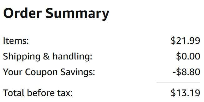 An Amazon order summary ending in $13.19.