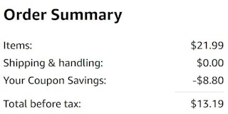 An Amazon order summary ending in $13.19.
