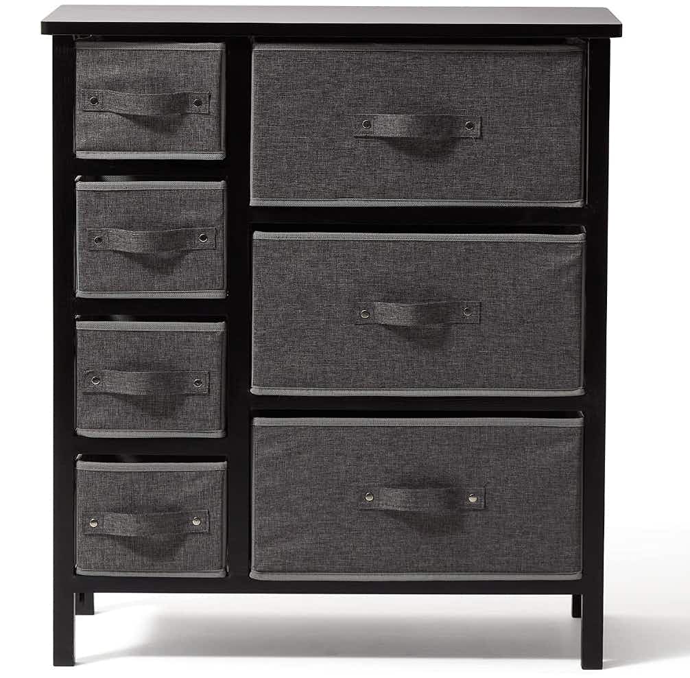 A black storage shelf with seven drawers.