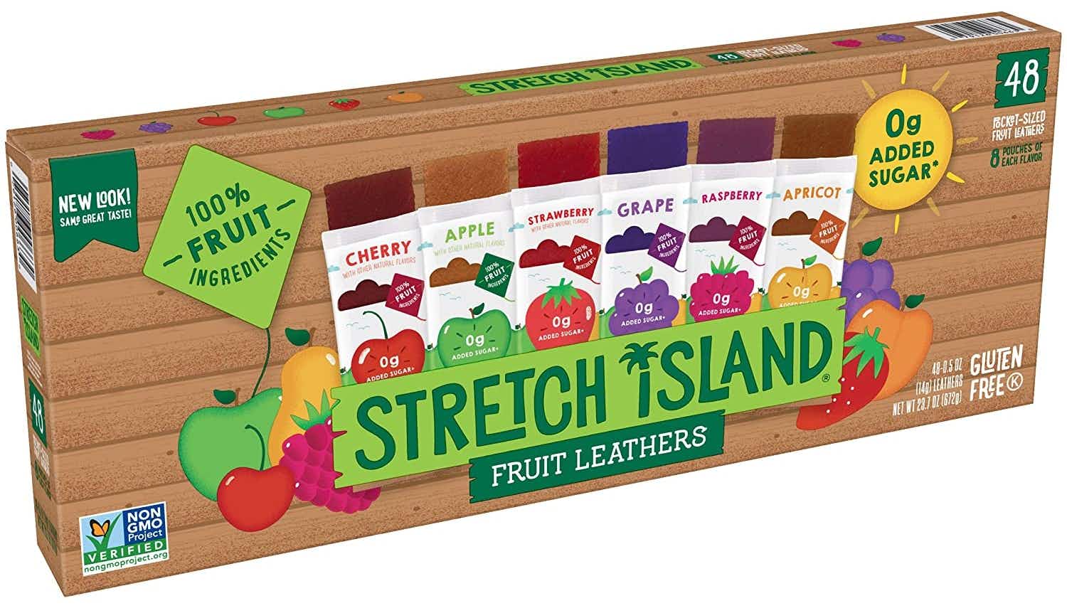 A pack of Stretch Island fruit leather on a white background.