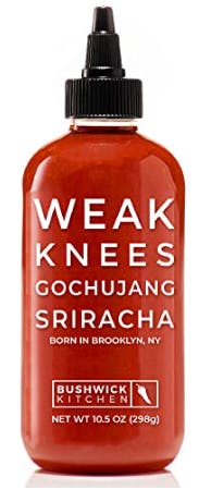 A stock image of a bottle of Weak Knees brand sriracha hot sauce.