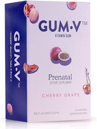A box of prenatal gum vitamins on a white background.