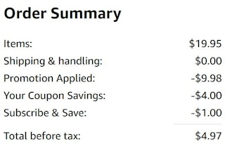 An Amazon order summary ending in $4.97.
