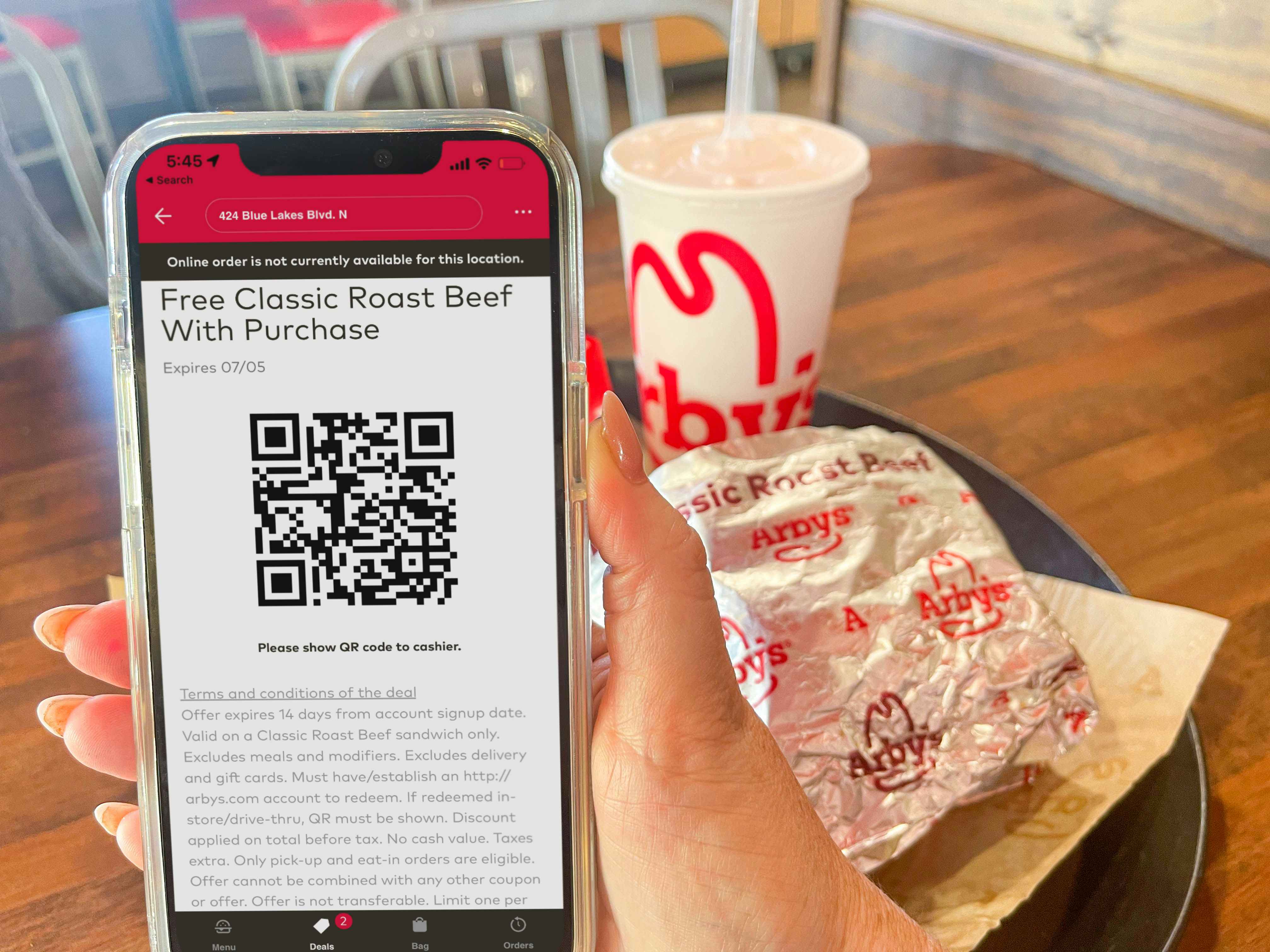 cellphone with arbys roast beef deal on app 