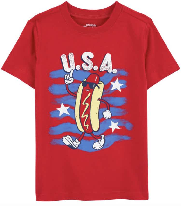 a kids' fourth of july shirt with a hot dog on it