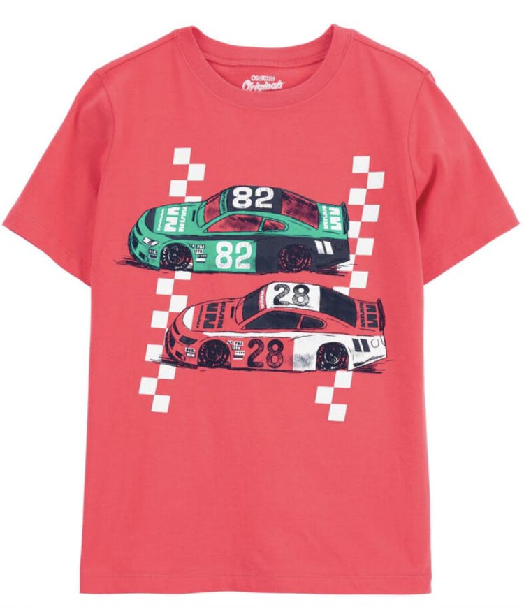 a red shirt with two race cars on it crossing a finish line