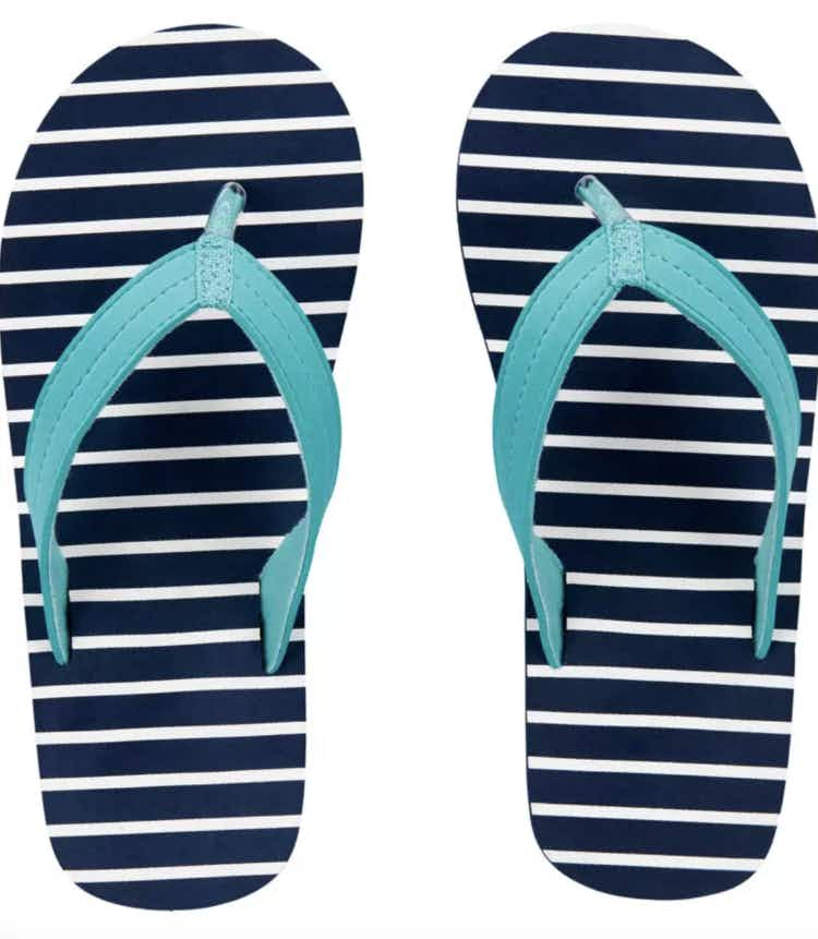 kids' black and white striped flip flops with blue strap