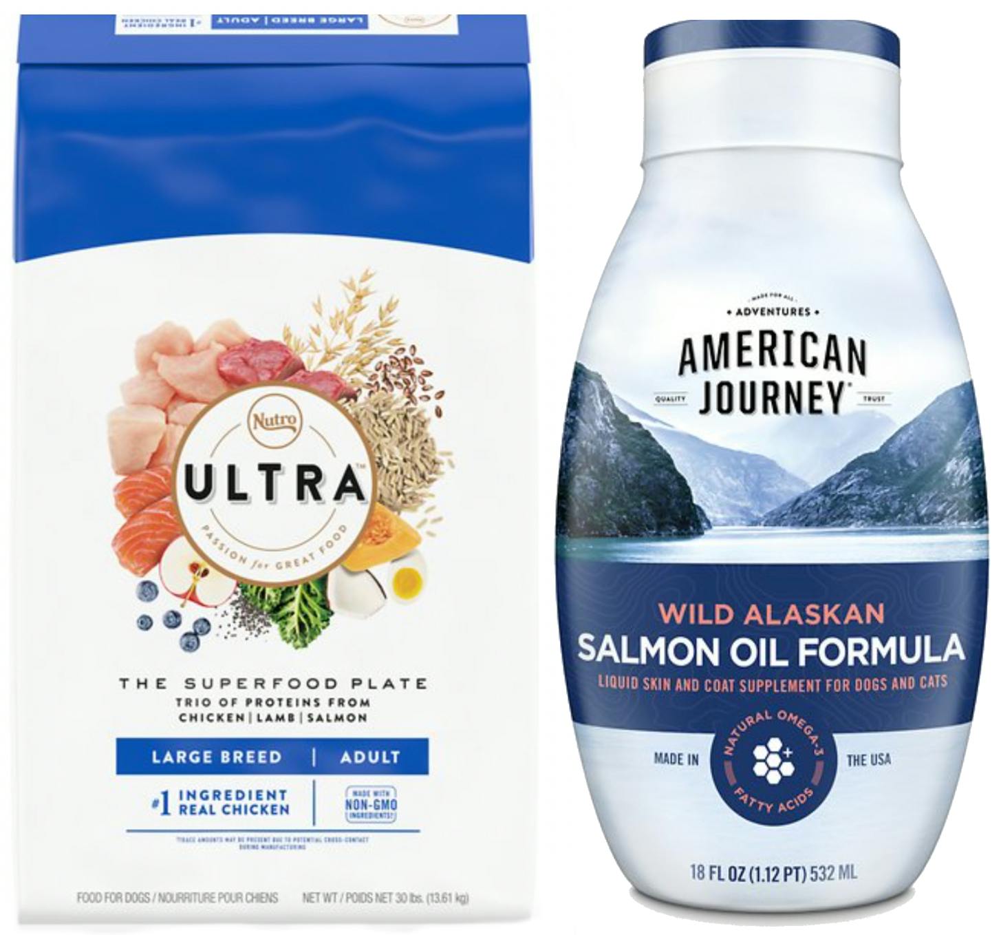 a collage of dog food and a salmon oil liquid supplement