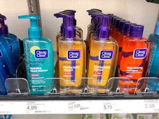 bottles with pumps on them of clean and clear brand face wash on store shelf