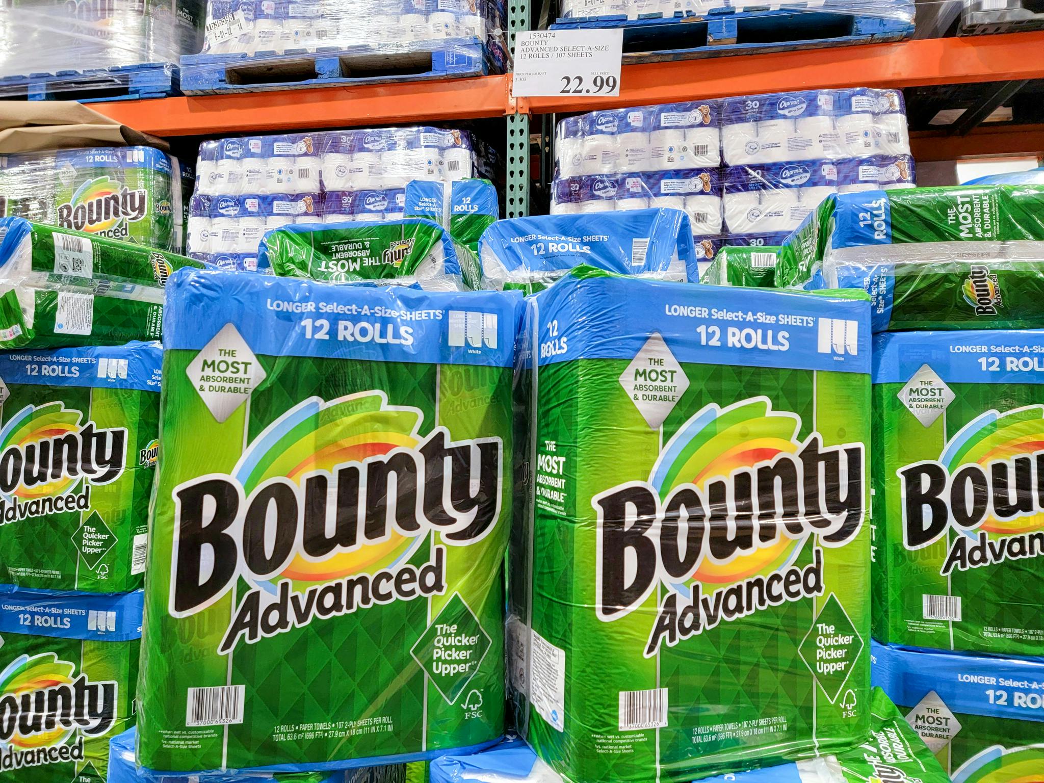 12 roll packs of Bounty paper towels